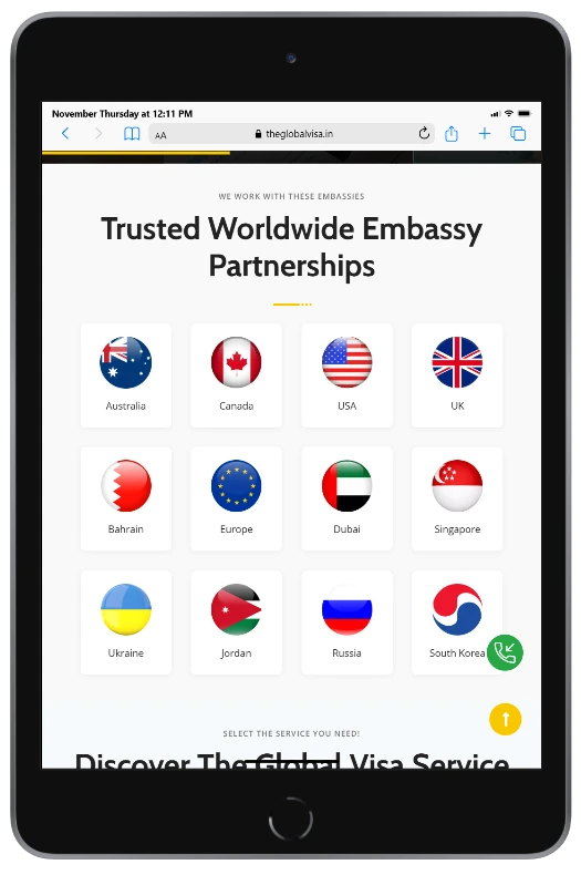 The Global Visa website - tablet view